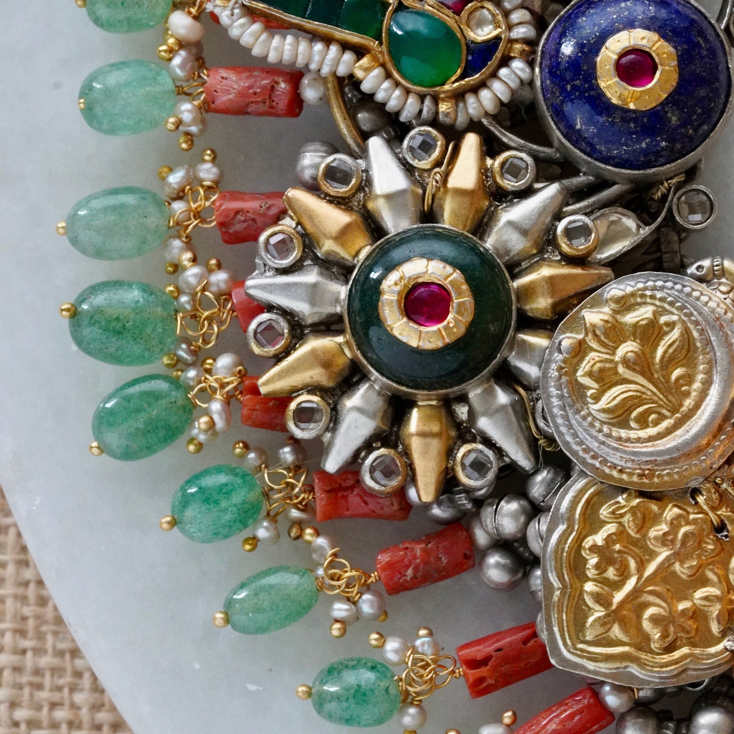 ORN073 Dual Tone 92.5 Silver Blue and Green round Stone and Peacock with Coral hangings