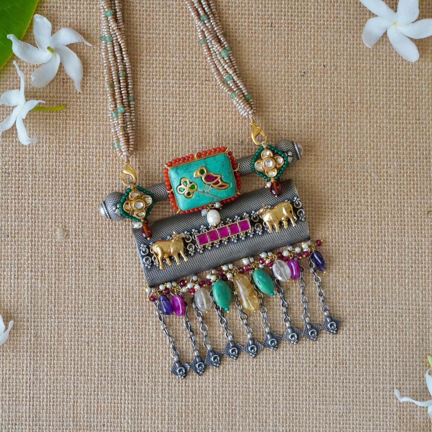 ORN078 Dual Tone 92.5 Silver Firoza gemstone on Amulate over a Nagada piece fastened in fresh-water precious pearls and earrings